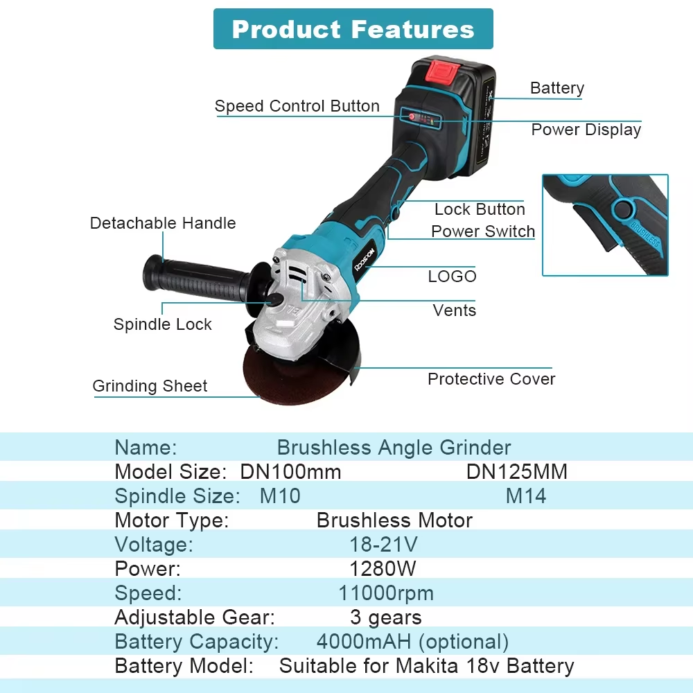 125/100mm Haakse Slijper Borst - Brushless Angle Grinder Battery Powered recensie en prijs